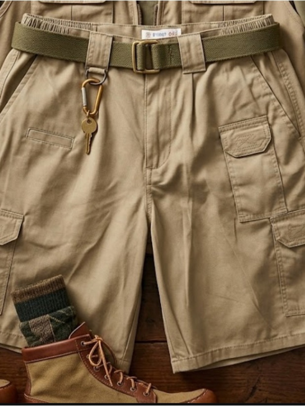 Expedition Style Khaki Cargo Shorts with utility hook